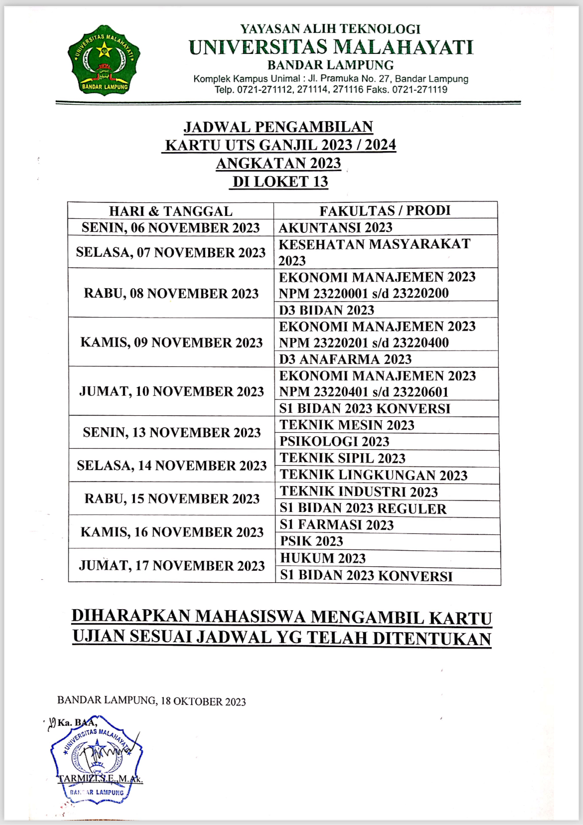 Ketentuan Ujian Tengah Semester (UTS) Universitas Malahayati TA 2023/ ...